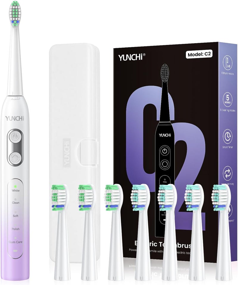 YUNCHI Electric Toothbrush Birthday/Valentine Plastic 8 Dupont Heads 24-Mo Deep Cleans Gentle Gums Removes Stains 3Hr USB-C 90d 2-Min Timer/30s IPX7 - Purple - Image 1